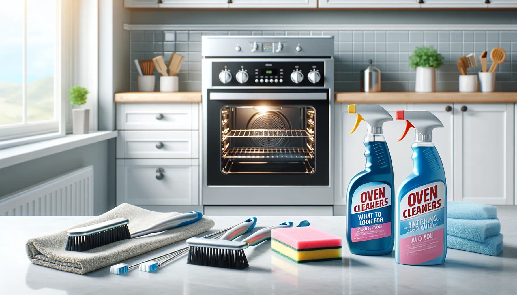 Three oven cleaning products and tools on a clean counter, next to a sparkling oven. Text: 'Oven Cleaners: What to Look For and Avoid.'