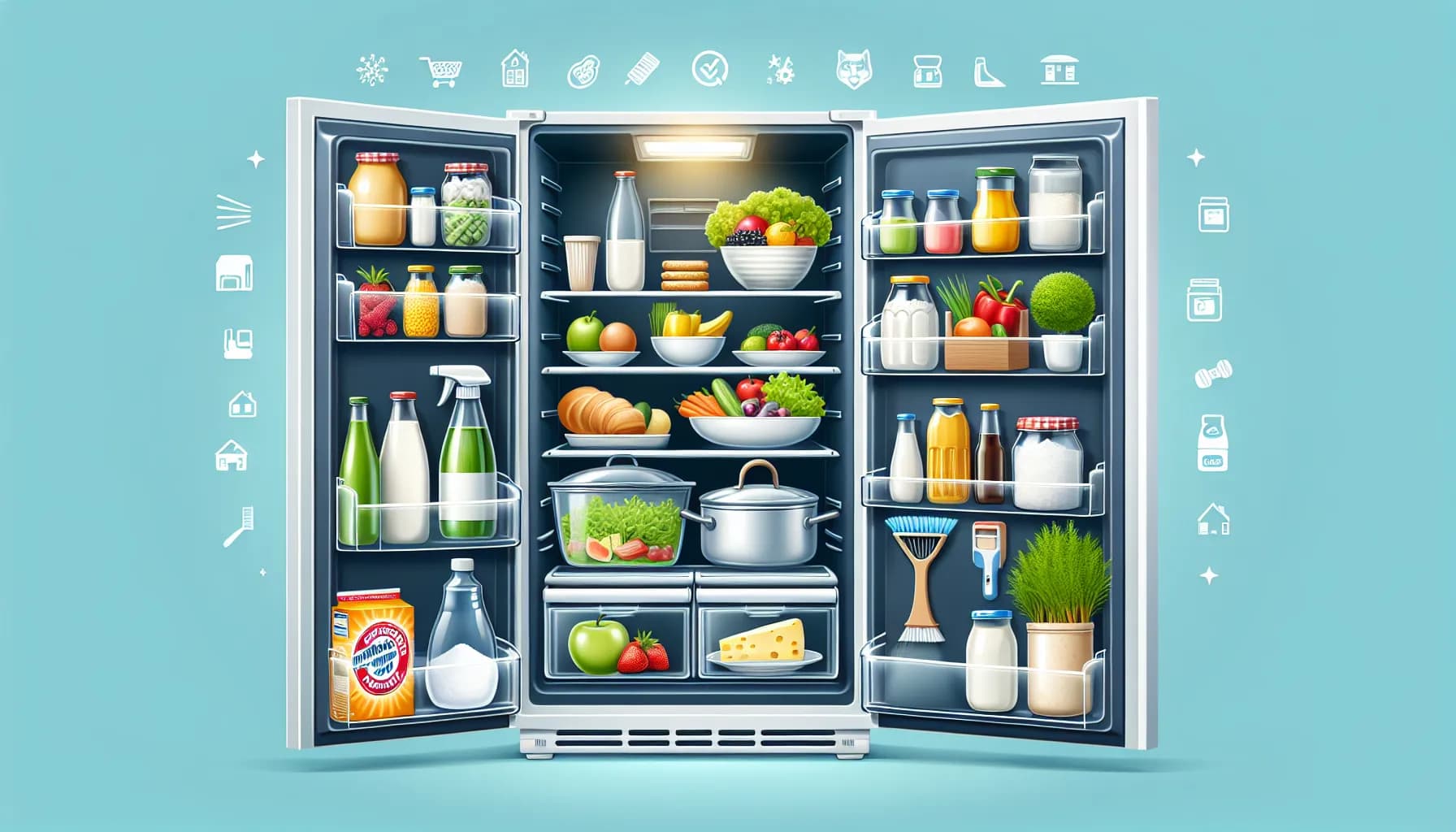 Neatly organized refrigerator with fresh groceries, clear glass shelves, and preventive cleaning icons.