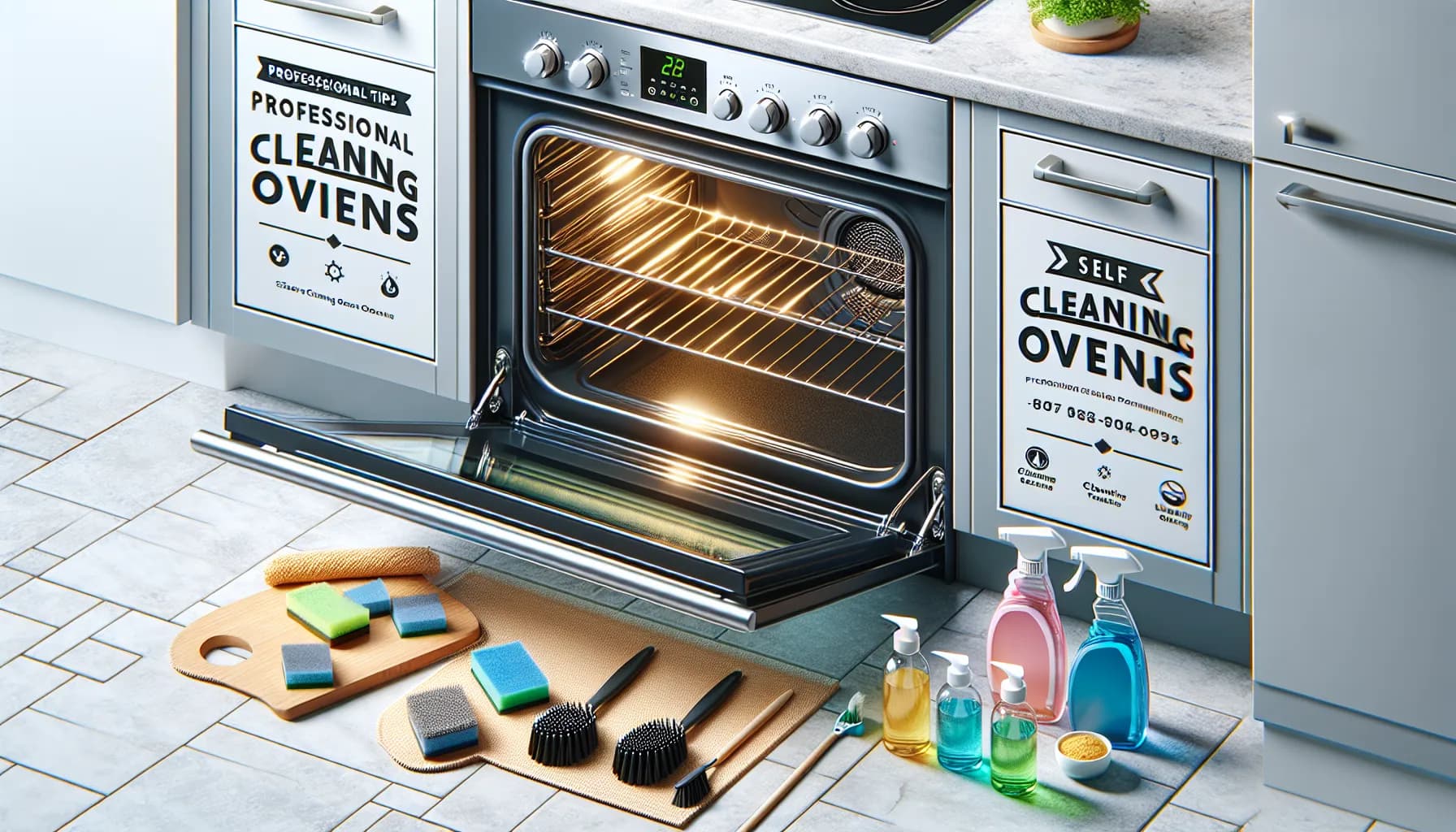 Shiny, clean oven with eco-friendly cleaning supplies. Professional tips for self-cleaning ovens.