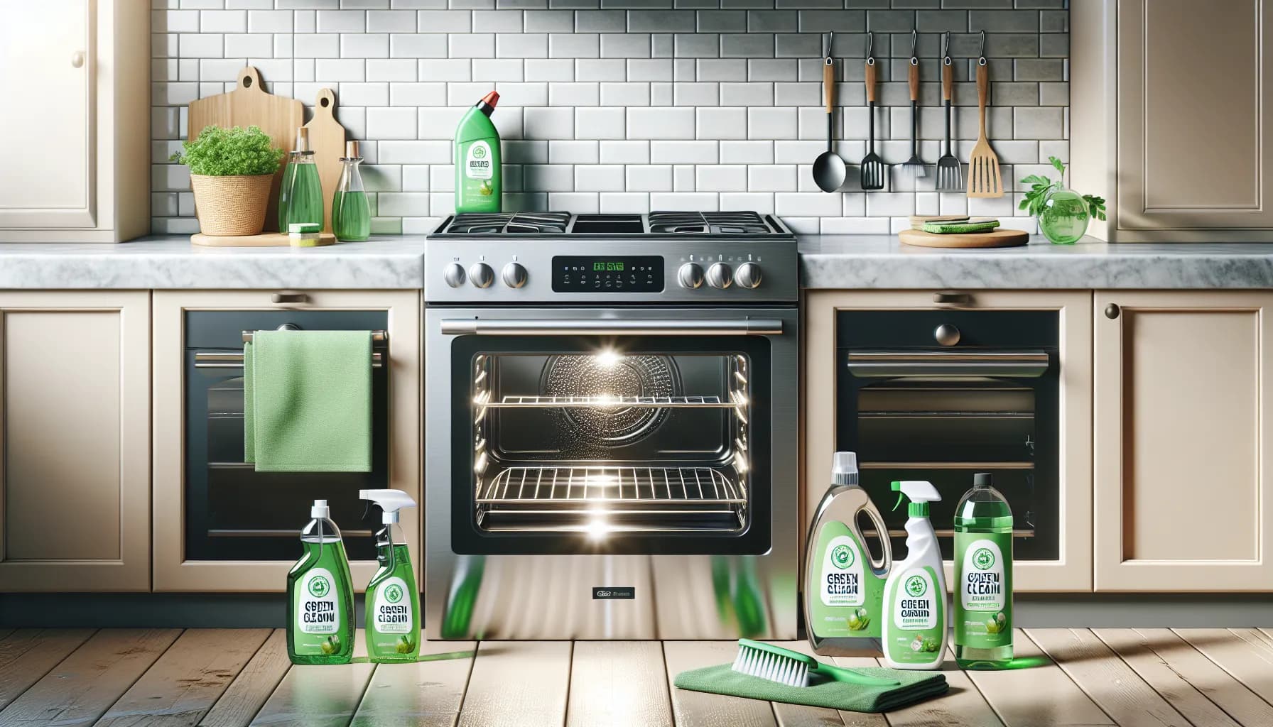 Sparkling clean oven and stovetop with eco-friendly green cleaning supplies and cloth. Green Cleaning Solutions for healthier homes.