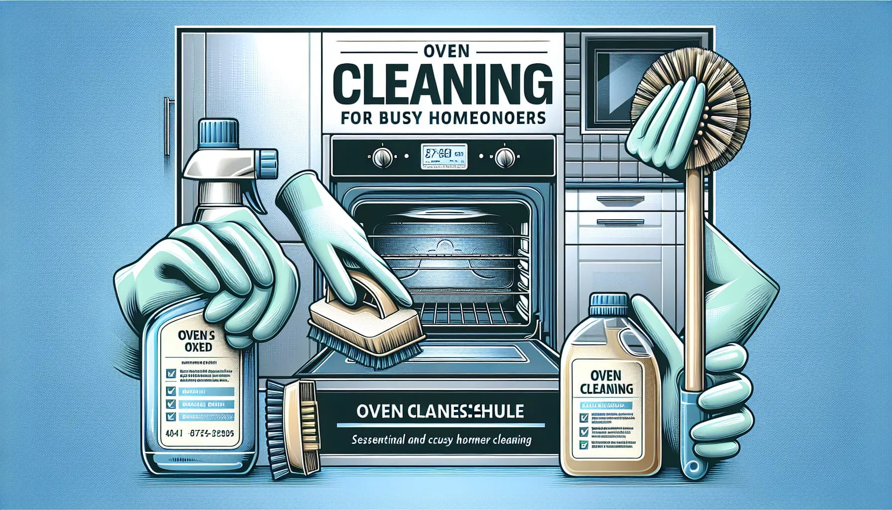Hands in gloves holding scrubbing brush and natural cleaner in front of clean oven in modern kitchen. Text: Oven Cleaning Schedule for Busy Homeowners.