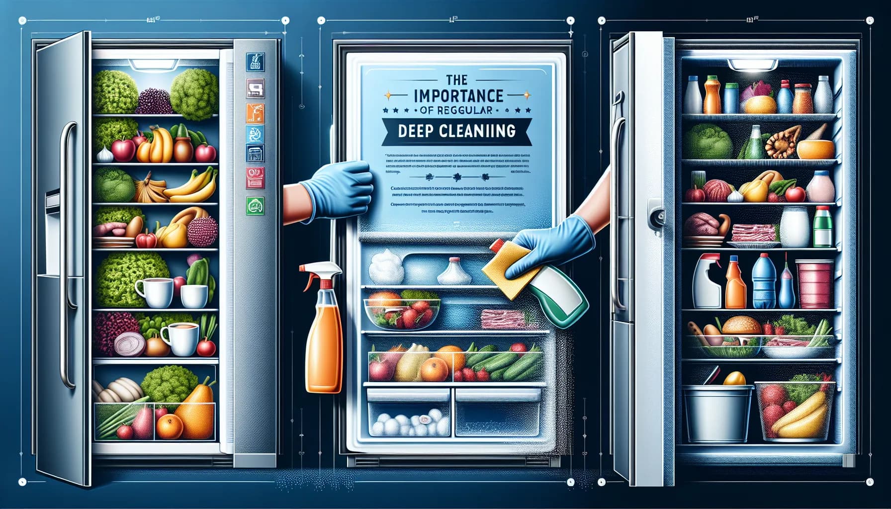 Sparkling clean fridge filled with fresh food, being deep cleaned by gloved hands. Emphasizing regular deep cleaning for fridge maintenance.