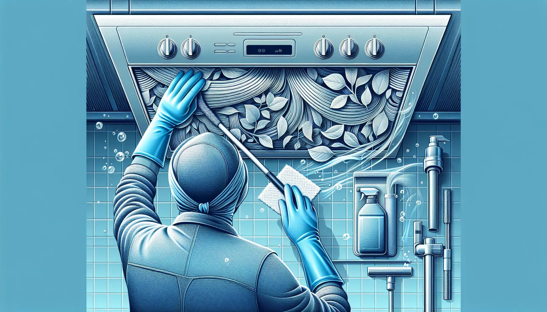 Person in gloves and mask scrubbing shiny oven hood, improving air quality.