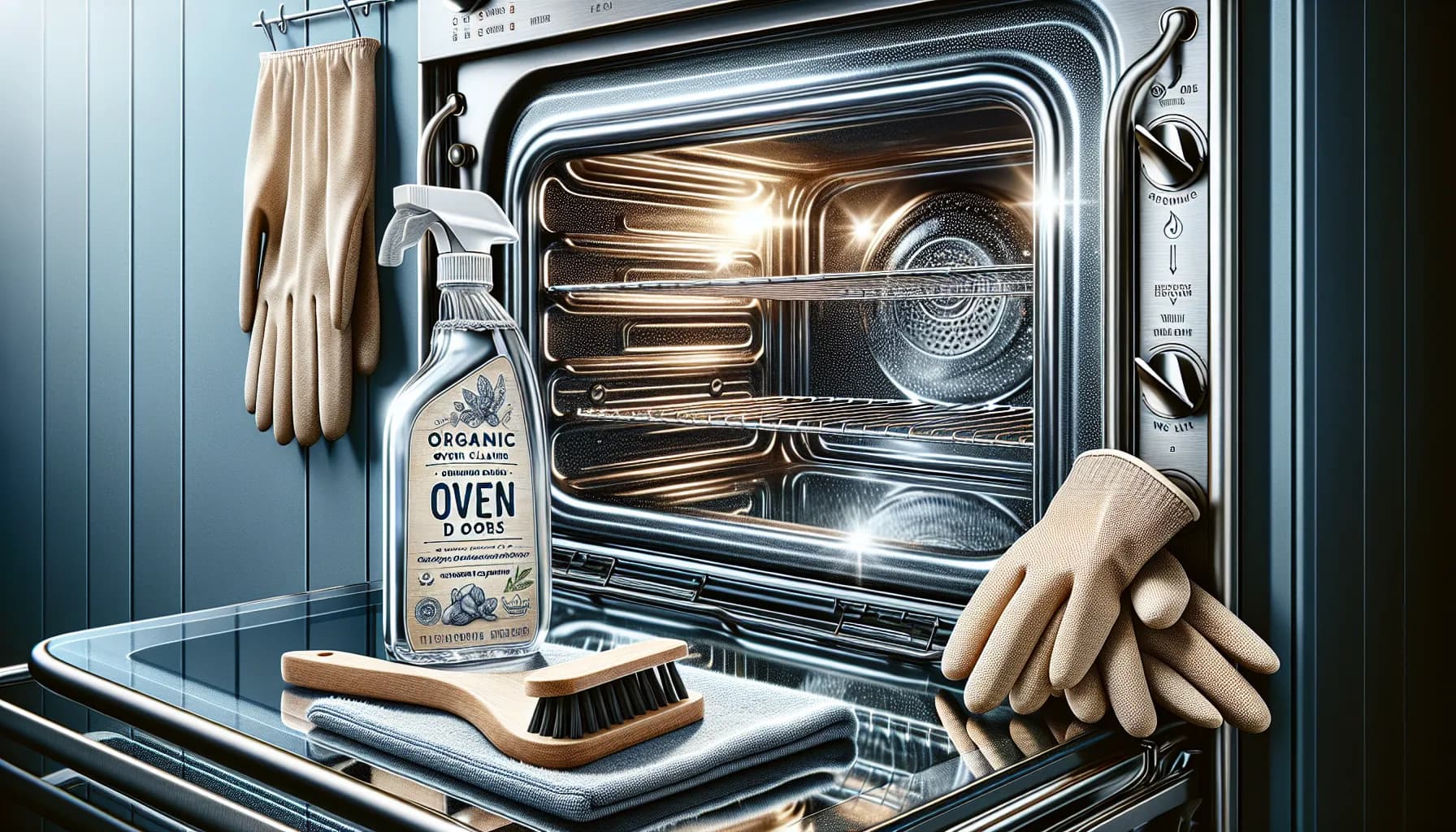 Sparkling clean oven door with organic cleaner, gloves, and cloth. Achieve maximum shine with our oven cleaning tips.