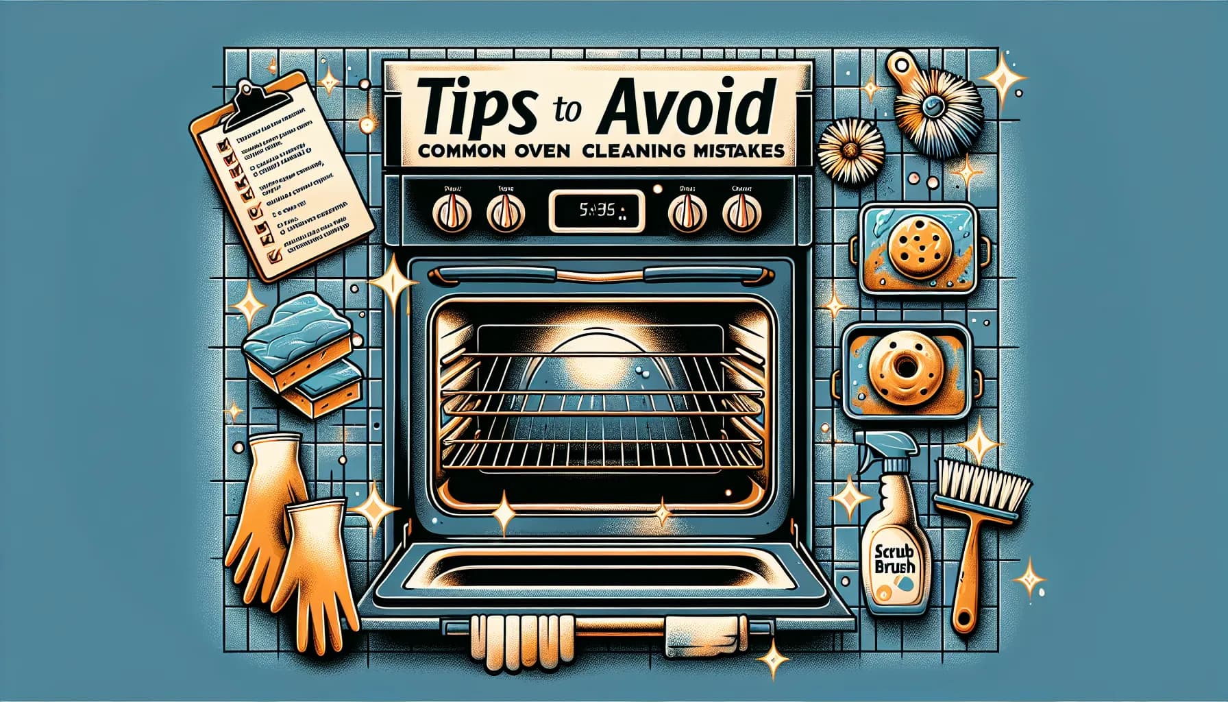 Clean oven surrounded by checklist, scrub brush, and gloves, highlighting tips to avoid oven cleaning mistakes.