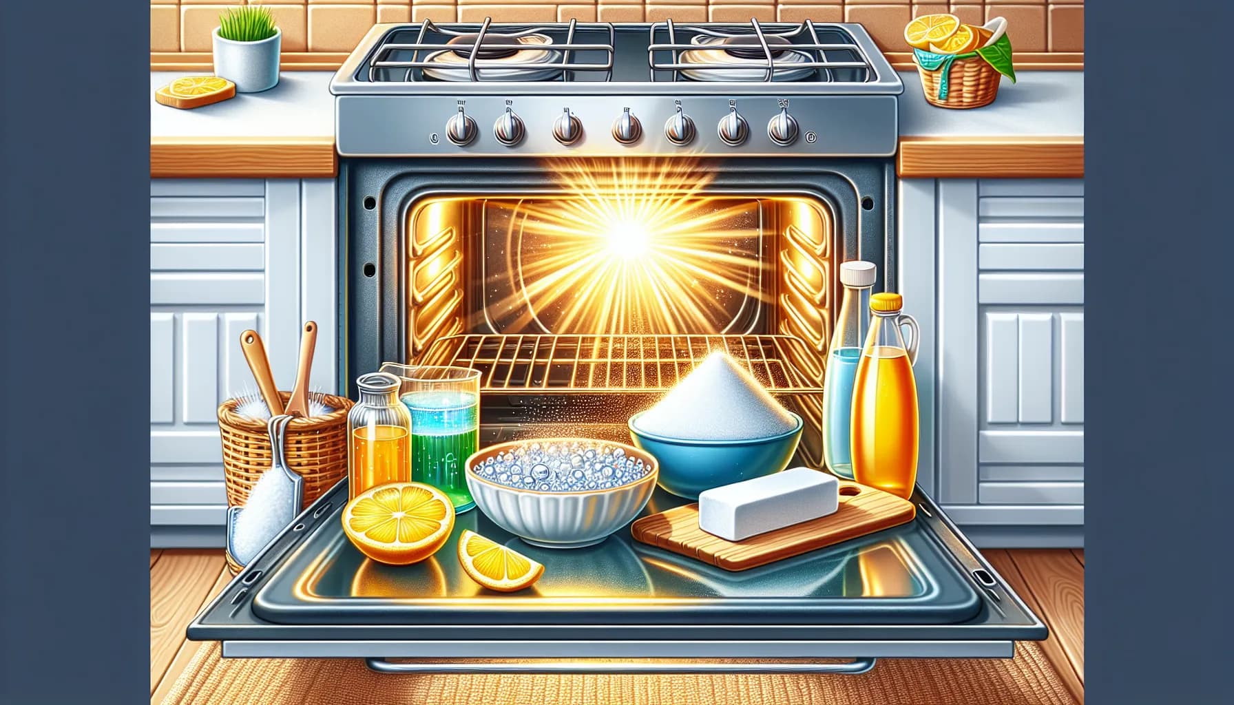 Sparkling clean oven with natural cleaning ingredients - baking soda, vinegar, lemon slices. How to clean an oven naturally.
