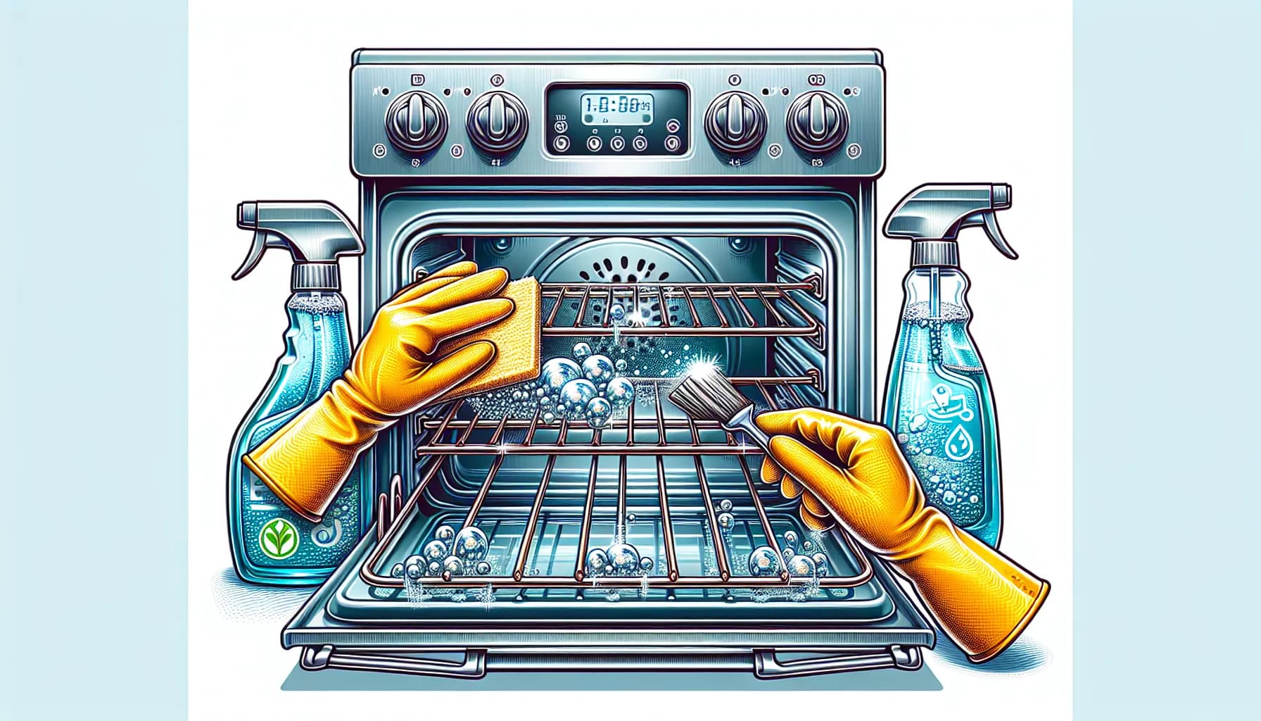 Clean, gleaming oven racks with bubbles, scrub brush, and eco-friendly cleaner. Best practices for cleaning oven racks.