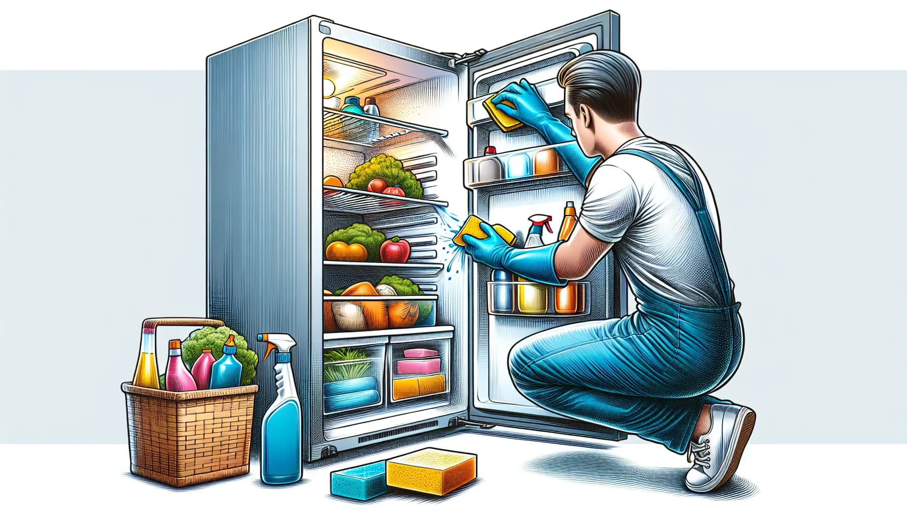 Person in gloves deep cleaning refrigerator and freezer with sponge and cleaner, demonstrating safe techniques.