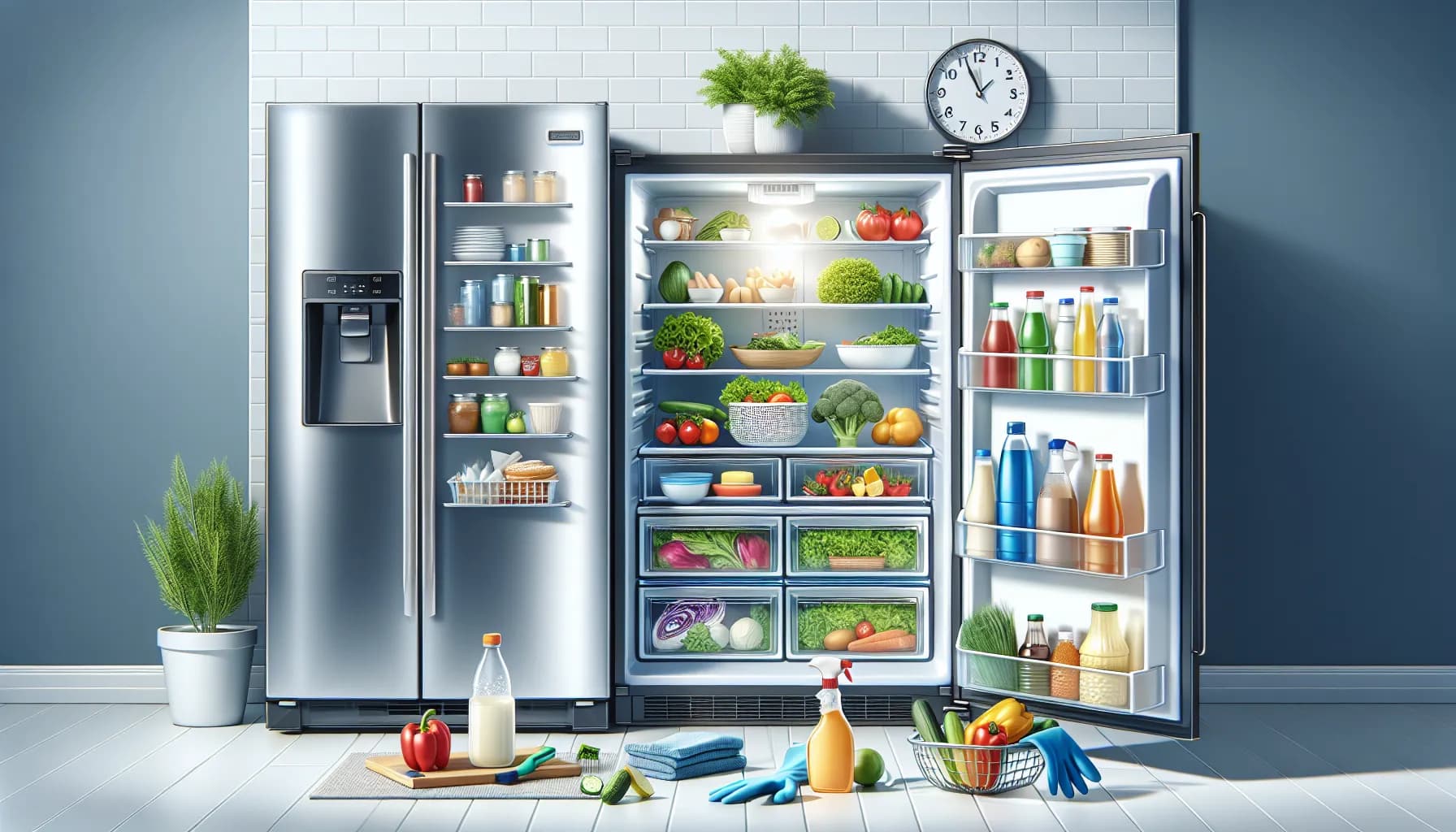 Clean, organized fridge with fresh food, beverages, and cleaning tools. Clock shows one hour. 10 steps to thoroughly clean your fridge.