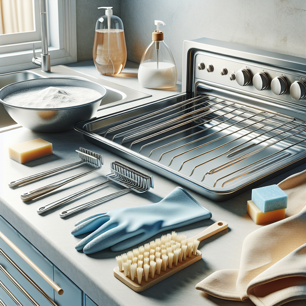 Neatly laid out oven racks on clean countertop with soapy water, scrubbing brush, gloves, and baking soda for cleaning.