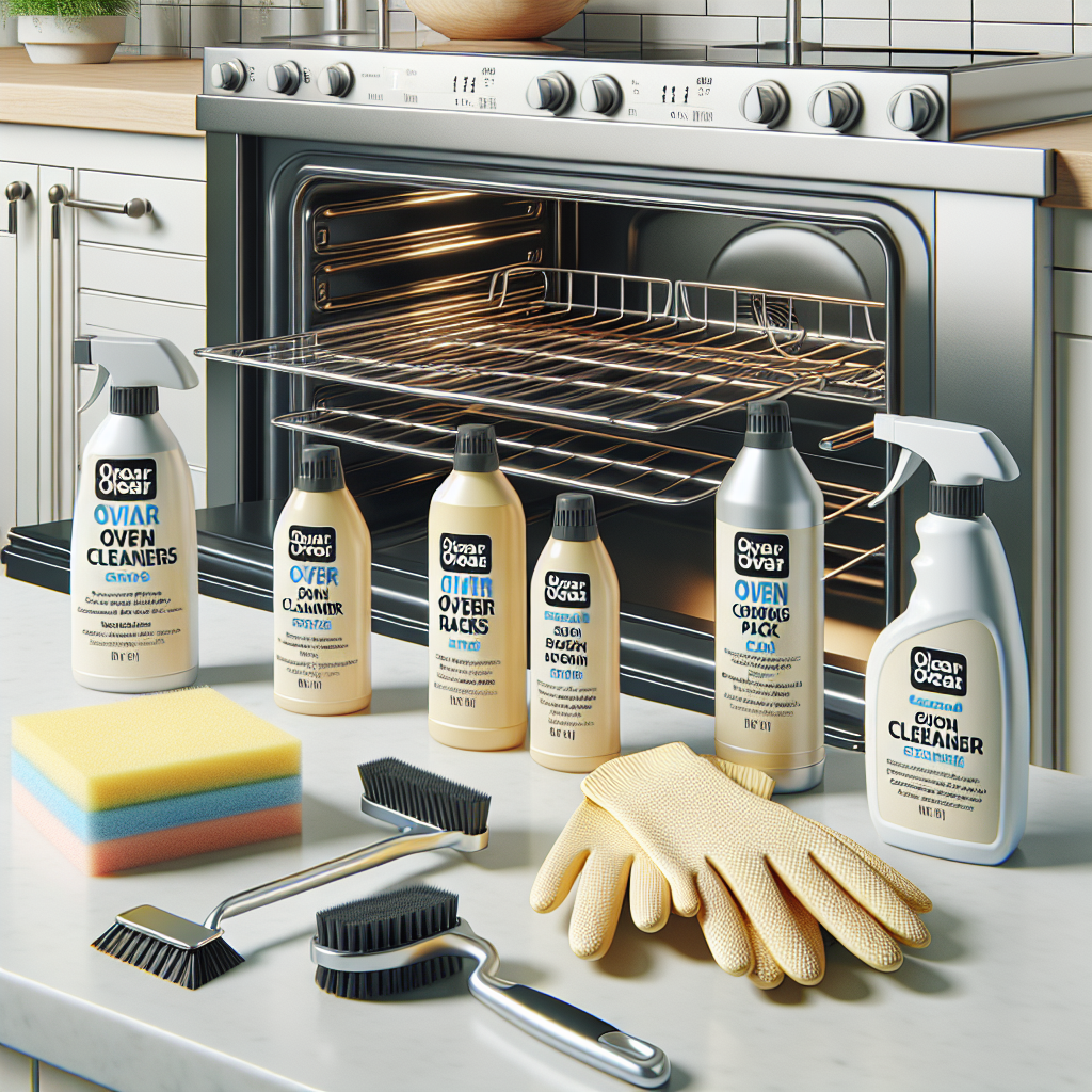 Oven racks, commercial cleaners, gloves, brushes, and scrubbing pads on a clean counter for effective cleaning.
