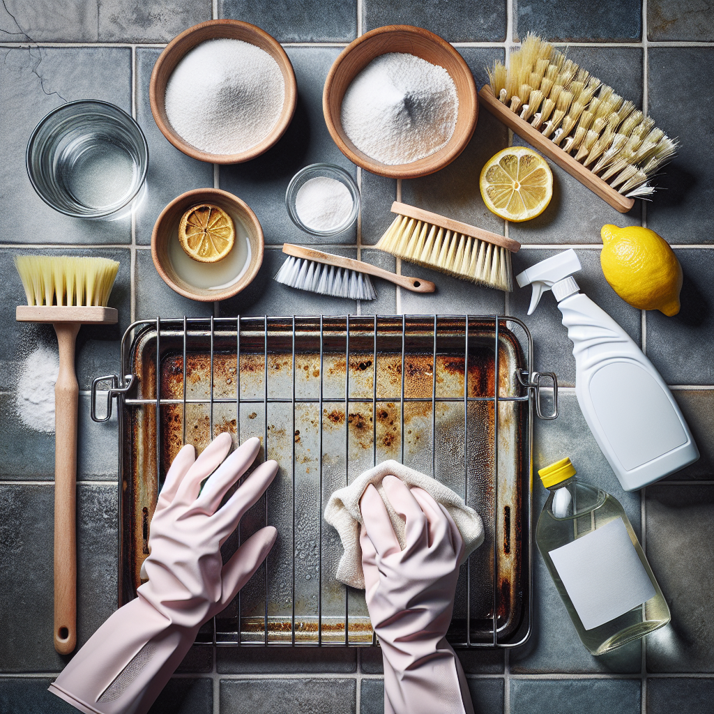 Scrubbing oven racks with natural cleaning materials like baking soda, vinegar, and lemon on tiled kitchen floor.