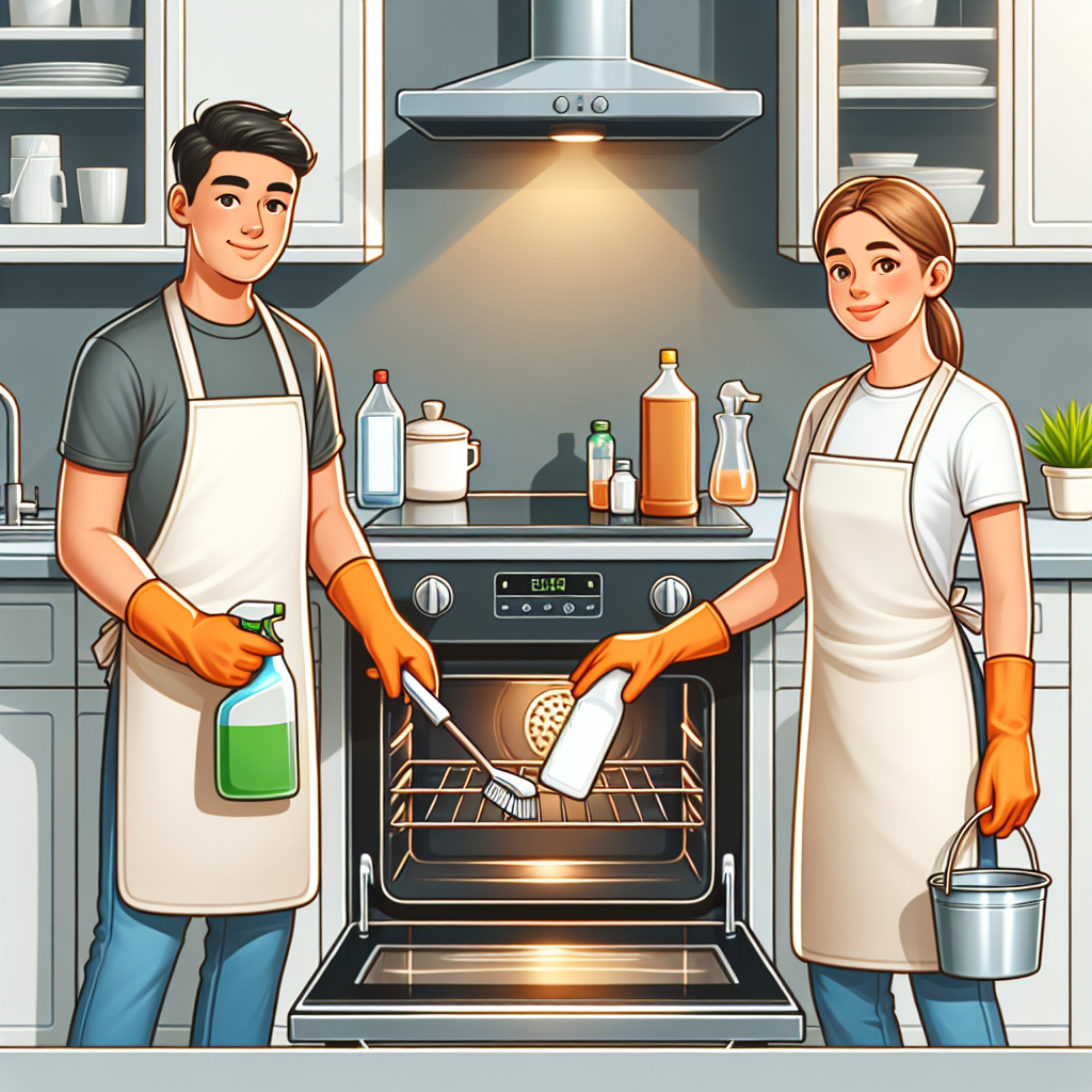 Two people of diverse backgrounds safely clean oven using natural agents, avoiding harsh chemicals. Clean oven, satisfied expressions.