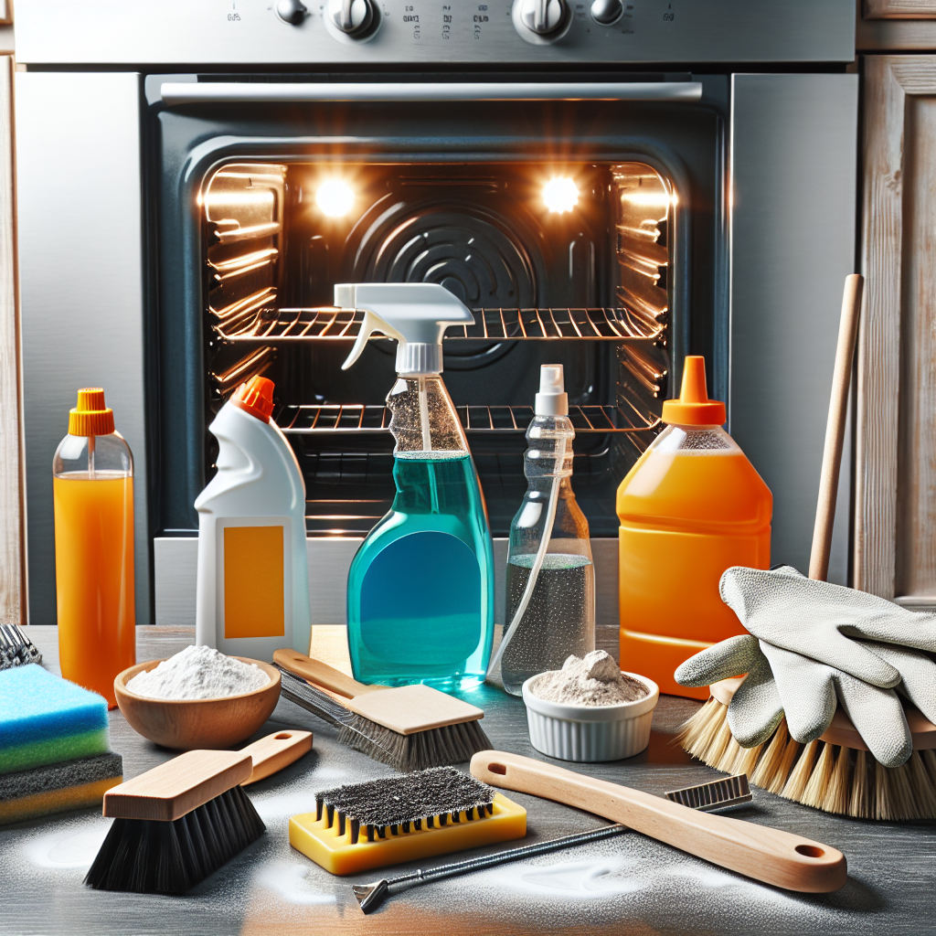Oven cleaning tools including spray, brush, scraper, gloves, and baking soda on a bright surface with dirty oven in background.
