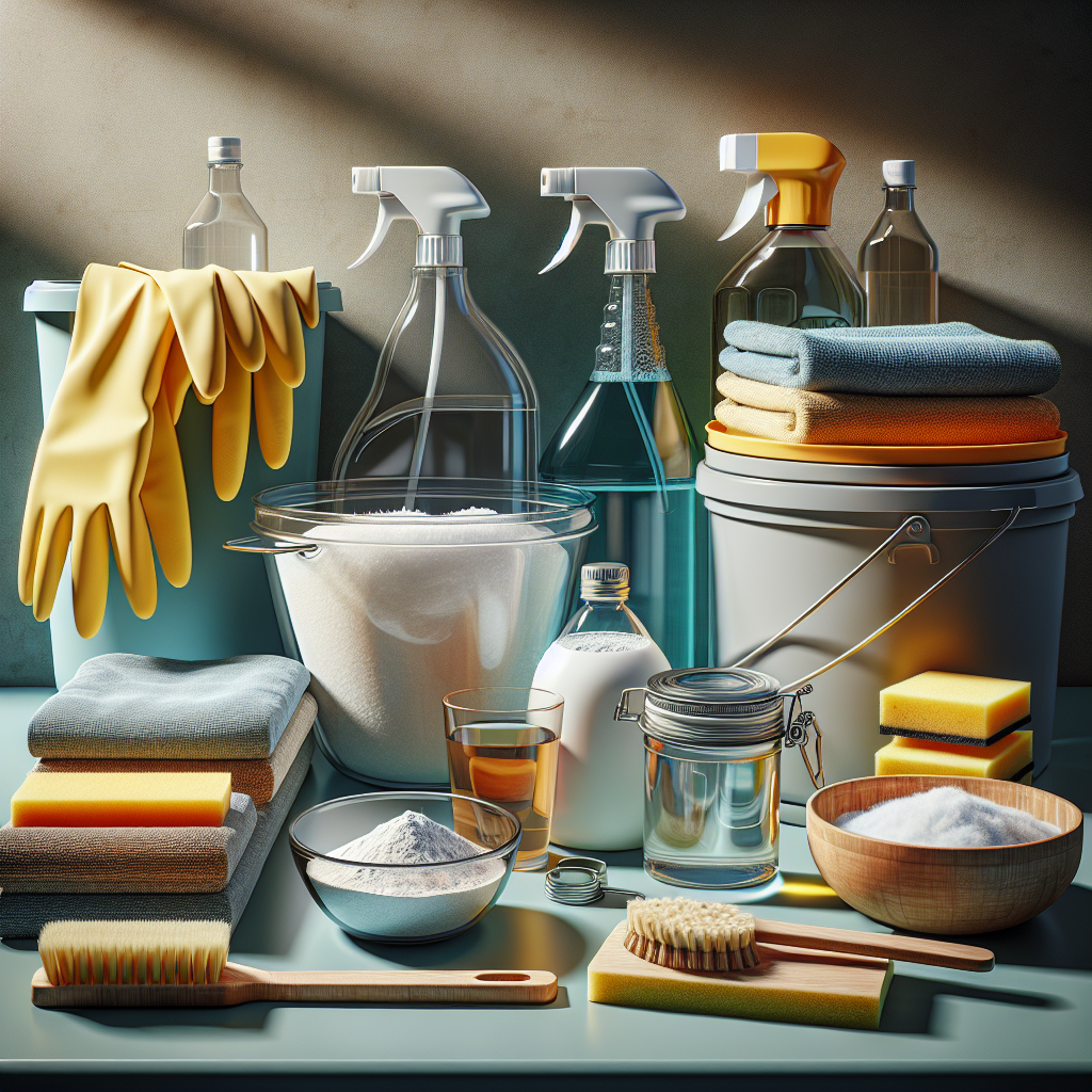 Cleaning supplies for oven racks: gloves, baking soda, vinegar, towels, tub, sponge on kitchen counter.
