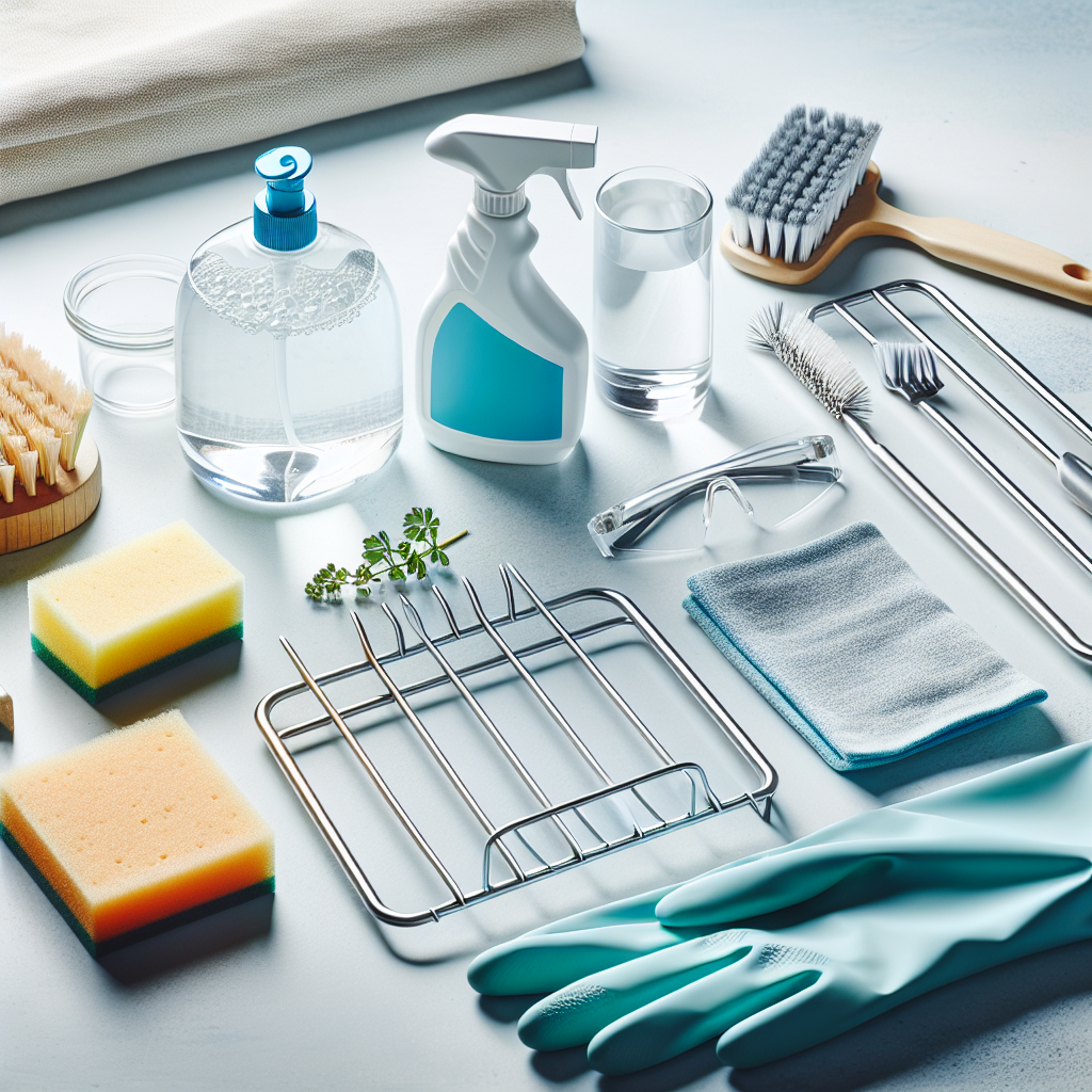 Clean oven racks with safety gear, gloves, sponge, non-toxic cleaner, and brush on bright surface.