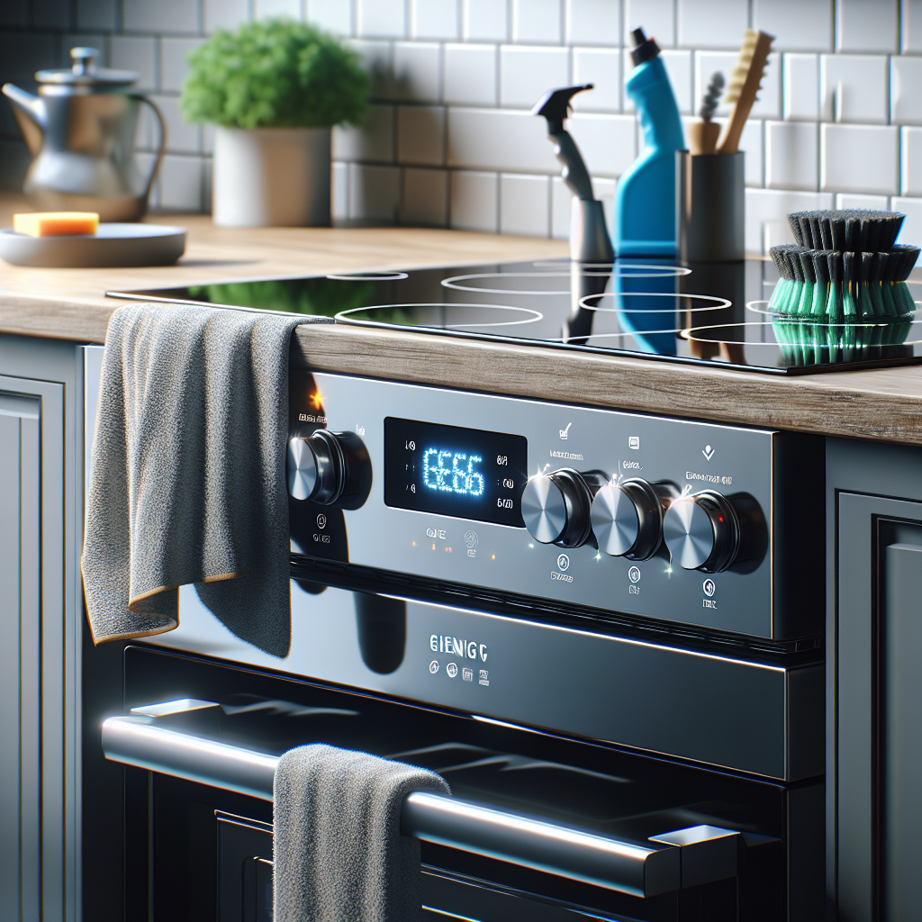 Clean, glossy ceramic stovetop with energy rating label and cleaning tools in modern kitchen setting.