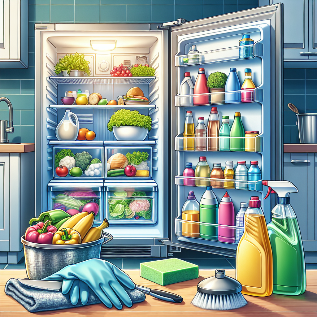 Neatly arranged, shining clean fridge interior with cleaning supplies and gloves, emphasizing the importance of regular deep cleaning.