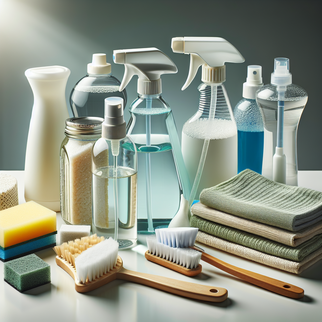 Neatly arranged stovetop cleaning supplies: natural cleanser, white vinegar, baking soda, scrub brush, sponge, microfiber cloths.