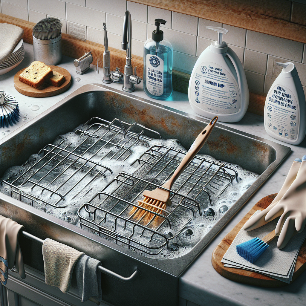 Soaking method for cleaning oven racks: submerged racks in soapy water, scrub brush, eco-friendly soap, waterproof gloves.