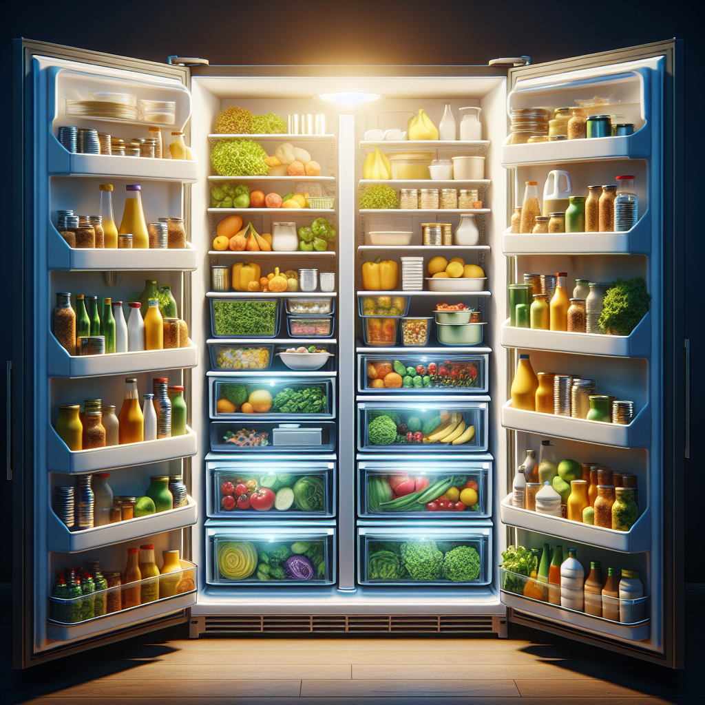 Neatly organized, labeled fridge with fresh produce, stacked items, and leftovers in containers, highlighting importance of deep cleaning.