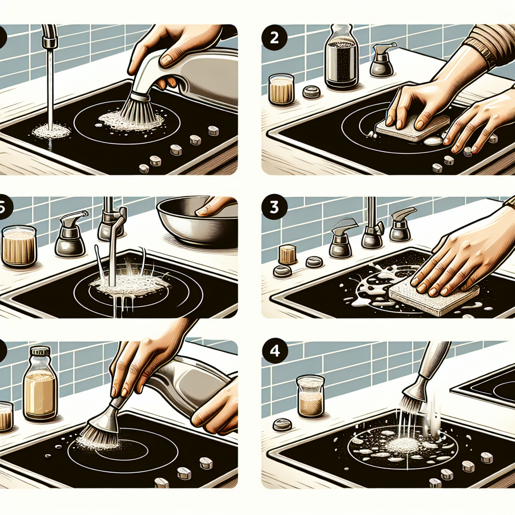 Dirty glass stovetop, non-abrasive solution application, cleaning solution spread, shiny clean stovetop.