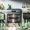 Sparkling clean oven and stovetop with eco-friendly green cleaning supplies and cloth. Green Cleaning Solutions for healthier homes.