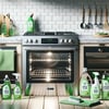 Sparkling clean oven and stovetop with eco-friendly green cleaning supplies and cloth. Green Cleaning Solutions for healthier homes.