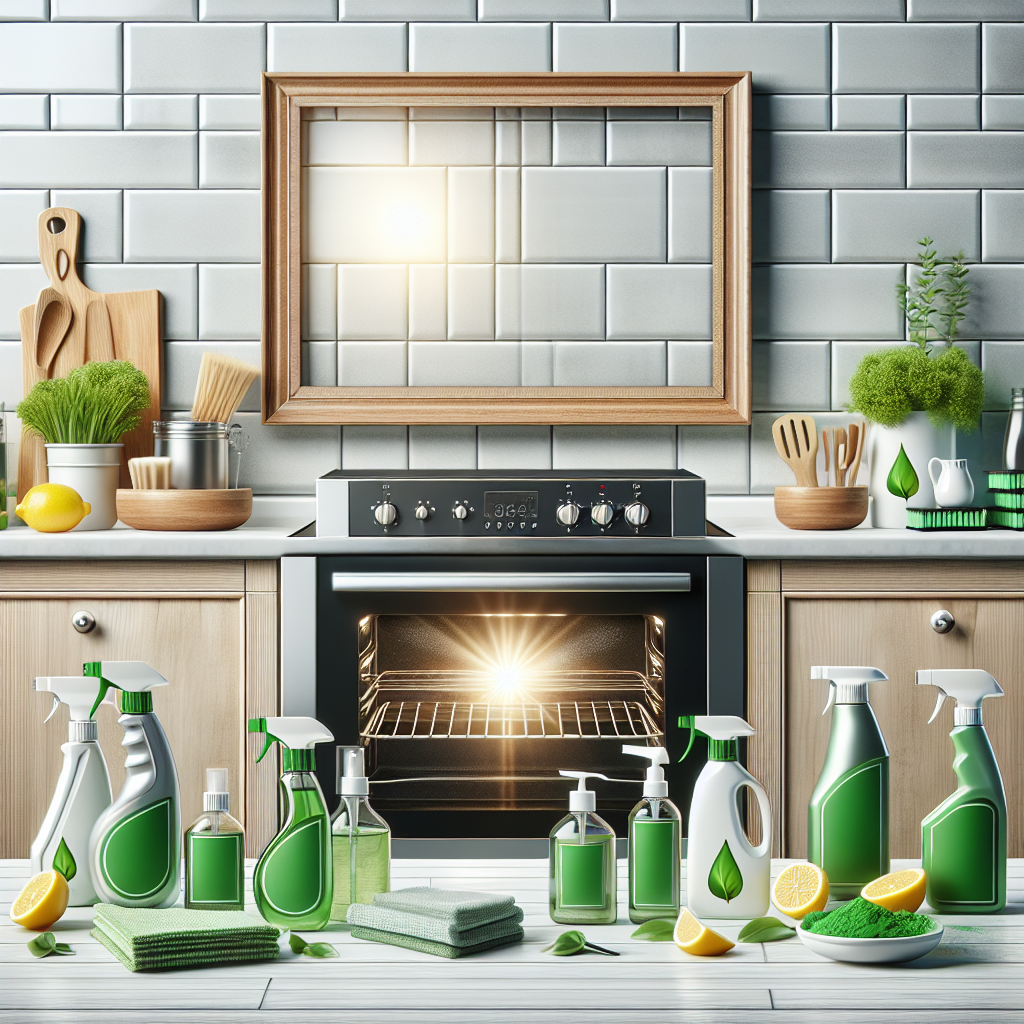 Immaculate stovetop surrounded by eco-friendly cleaning products including spray bottles, powder jars, and lemons on a sleek kitchen counter.