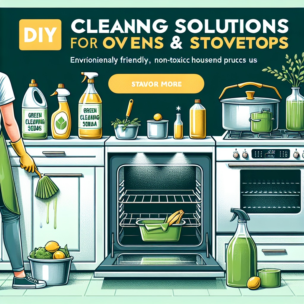 Non-toxic green cleaning solutions being used on oven and stovetop with vinegar, baking soda, and lemons.