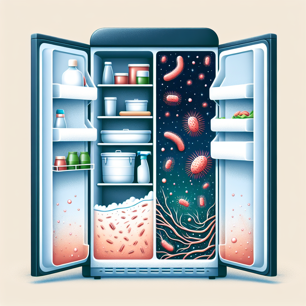 Comparison of clean and dirty fridge interior, highlighting bacteria on the dirty side. Importance of regular deep cleaning for fridge health.