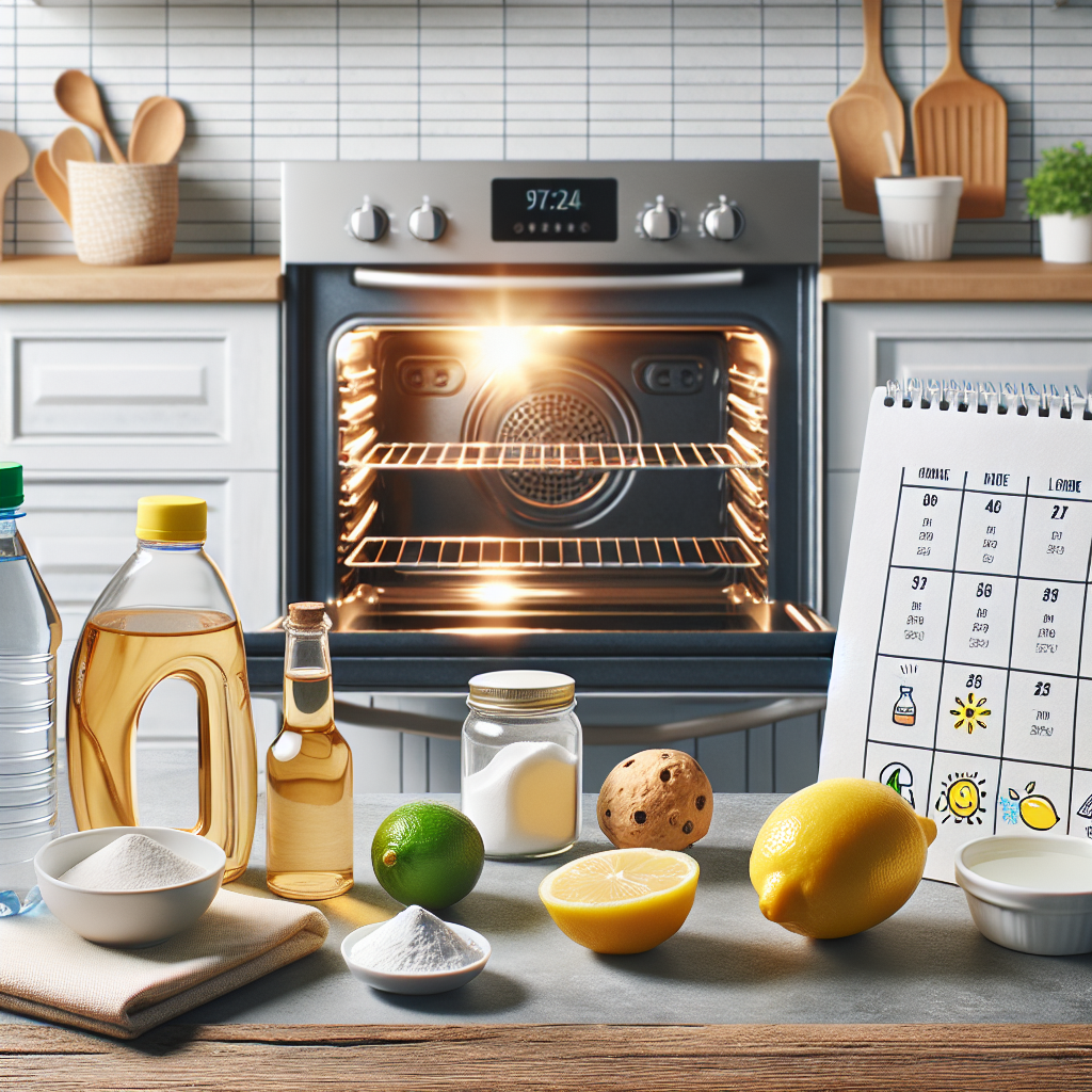 Natural oven cleaning products on kitchen counter next to sparkling oven, with cleaning schedule calendar.