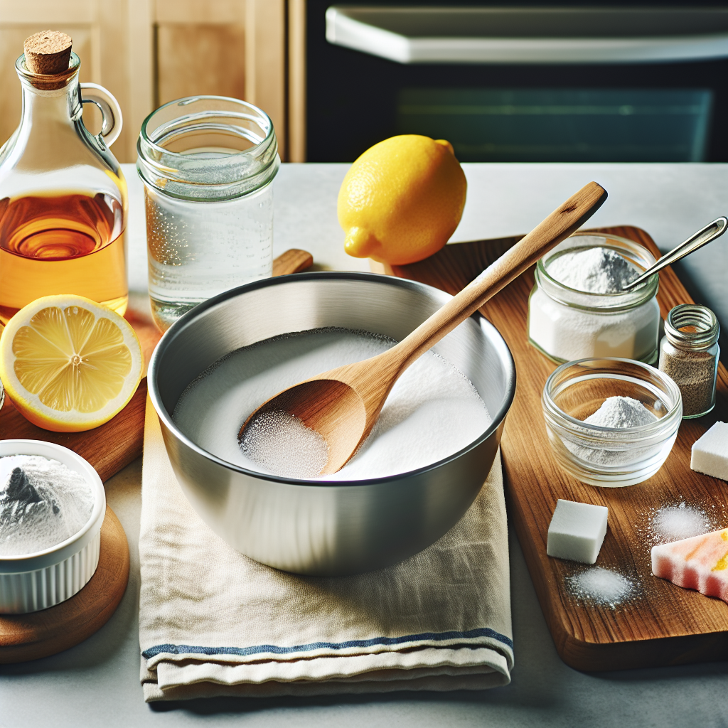 Mixing baking soda, vinegar, and lemon in a stainless steel bowl for natural oven cleaning. Safe and effective DIY method.