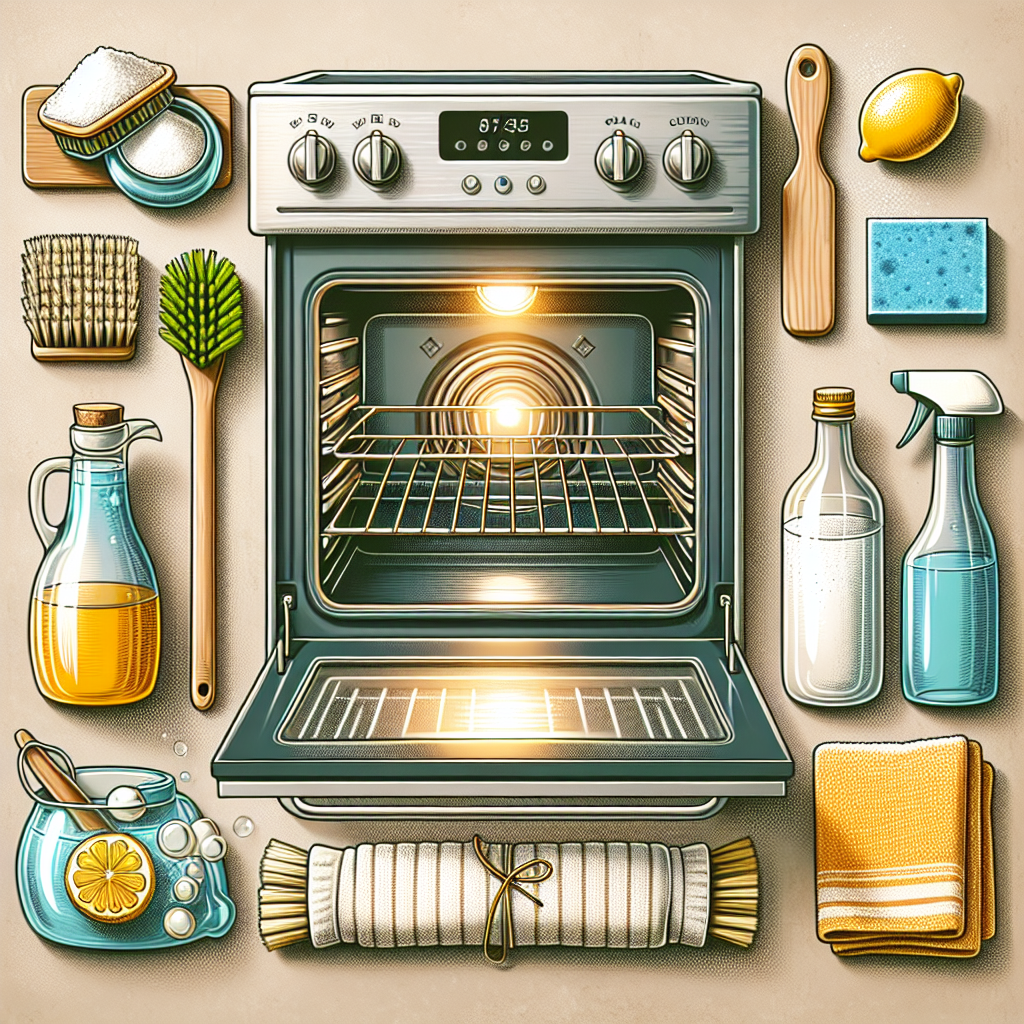 Oven cleaning with vinegar, baking soda, lemons, scrub brushes, and cloth for natural cleaning.