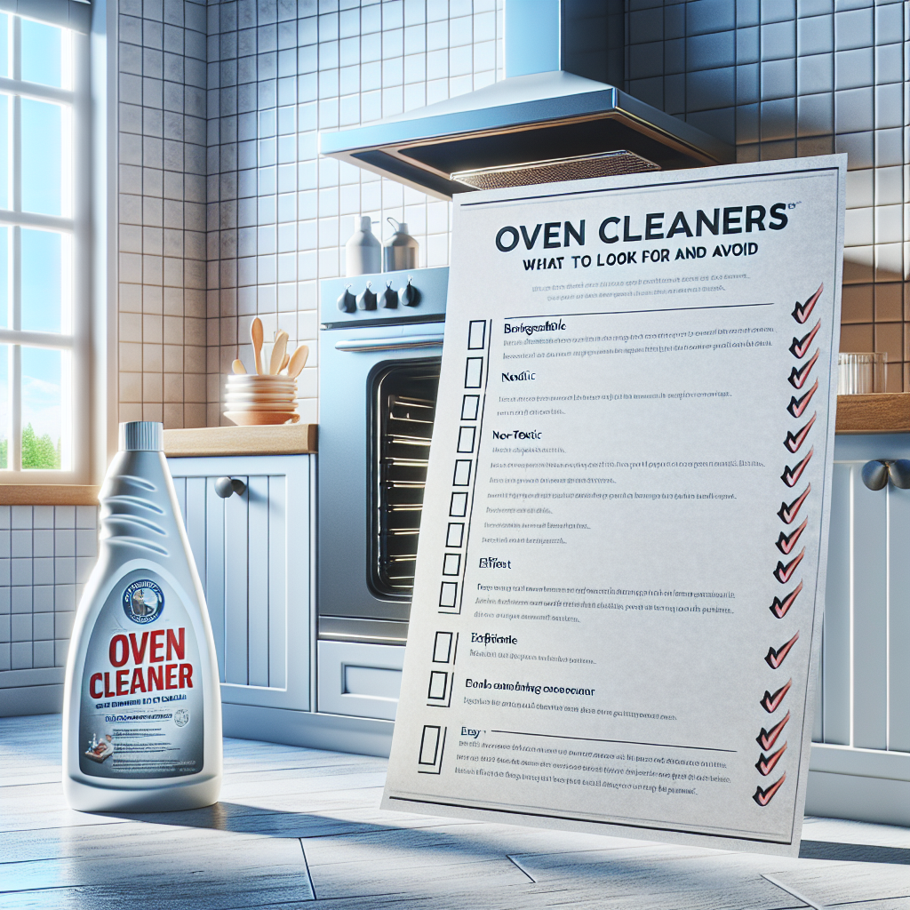 Spotless kitchen with open oven, checklist, and ideal oven cleaner bottle. Checklist mentions biodegradable, non-toxic, efficient, and easy to use.