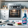 Three oven cleaning products and tools on a clean counter, next to a sparkling oven. Text: 'Oven Cleaners: What to Look For and Avoid.'