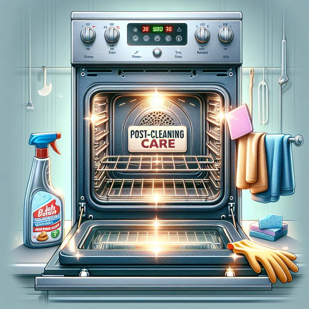 Sparkling clean oven with open door, post-cleaning care sign, gloves, spray bottle, and cloth on countertop, highlighting key areas.