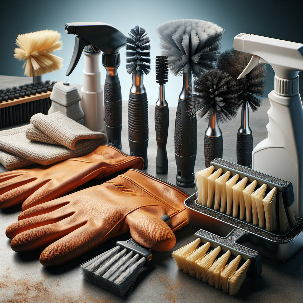 Sturdy gloves, various high-quality oven cleaning brushes, cleaner spray, and cloth on clean surface.