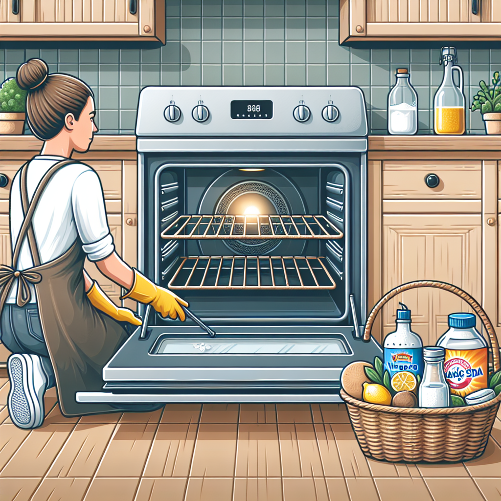 Person in kitchen preparing to clean oven with natural ingredients, including baking soda, vinegar, and lemons. Open oven and cleaning supplies.
