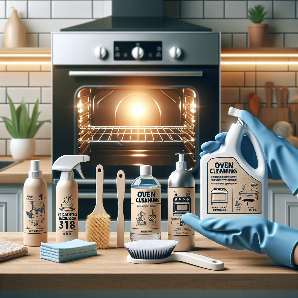 Variety of oven cleaning products displayed on counter, open oven, gloved hands holding product. Safe, efficient home oven cleaning.