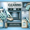 Hands in gloves holding scrubbing brush and natural cleaner in front of clean oven in modern kitchen. Text: Oven Cleaning Schedule for Busy Homeowners.