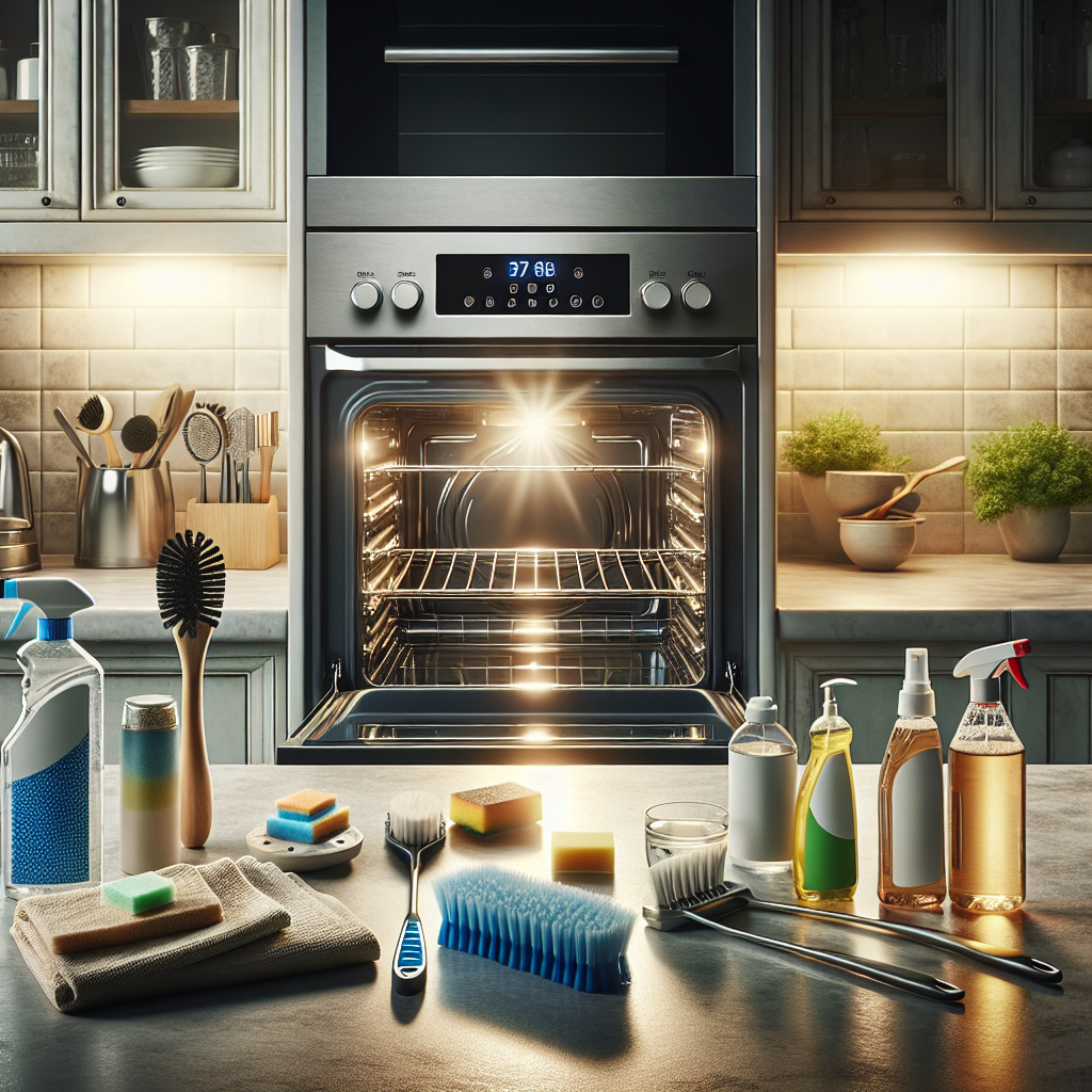 Clean kitchen with open oven door, showcasing various oven cleaning supplies like scrub brushes, detergents, baking soda, and vinegar.