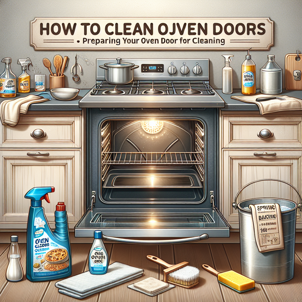 Dirty oven door with cleaning supplies - oven cleaner, sponge, baking soda, warm water. How to Clean Oven Doors for Maximum Shine.
