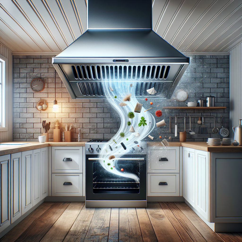 Spotless oven hood in clean kitchen, fresh air flowing, trapped grease escaping, improved air quality.