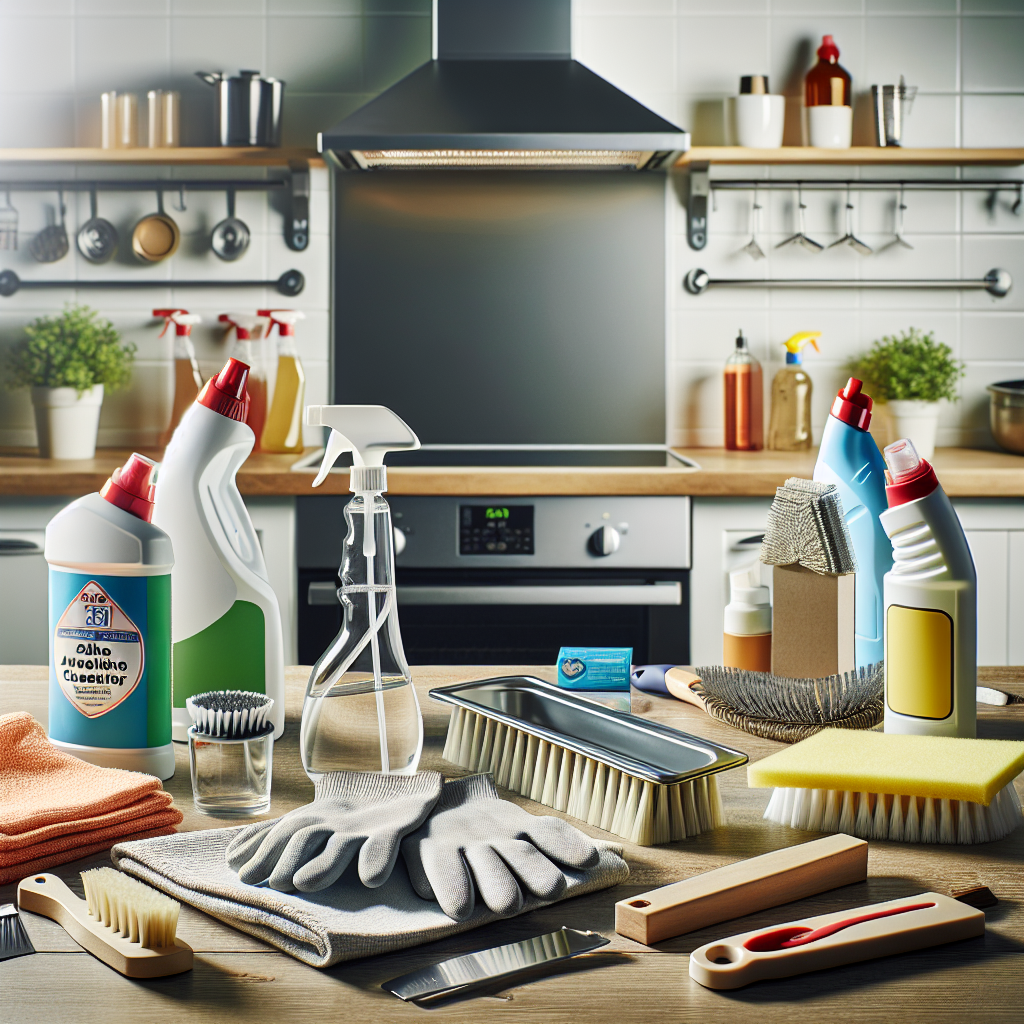 Neatly arranged oven hood cleaning supplies on a kitchen table, including all-purpose cleaner, scrubbing brush, gloves, and microfiber cloths.
