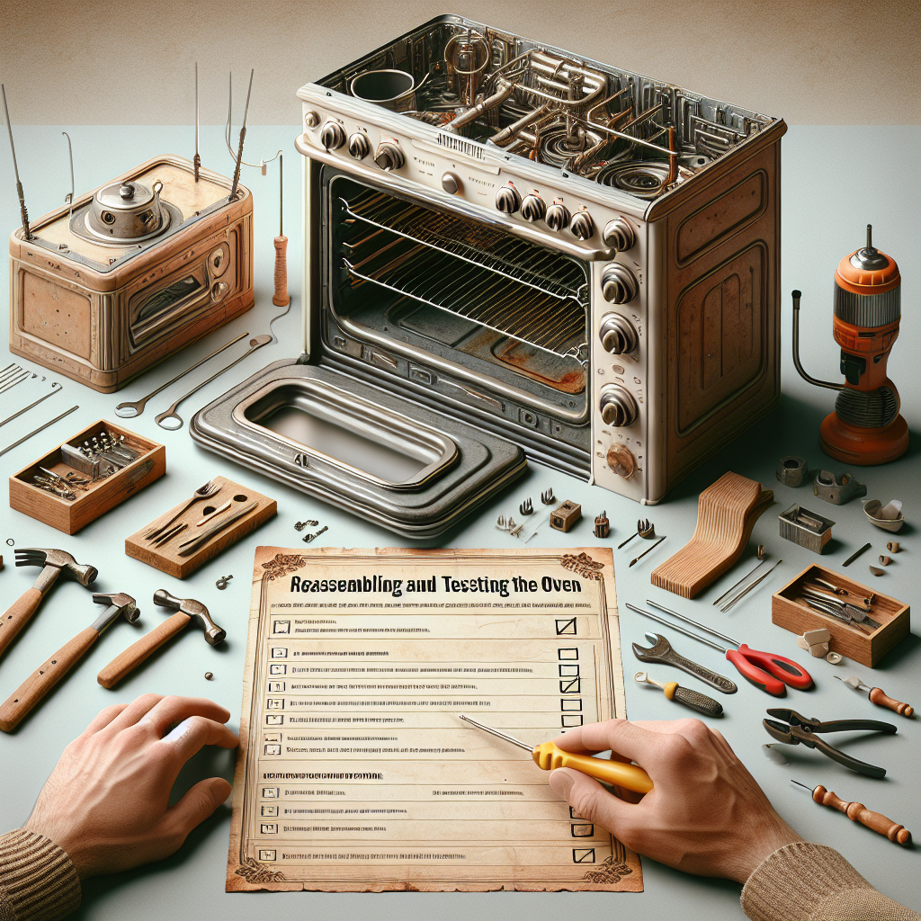 Carefully reassembling and testing restored vintage oven with precision tools and checklist for functionality.