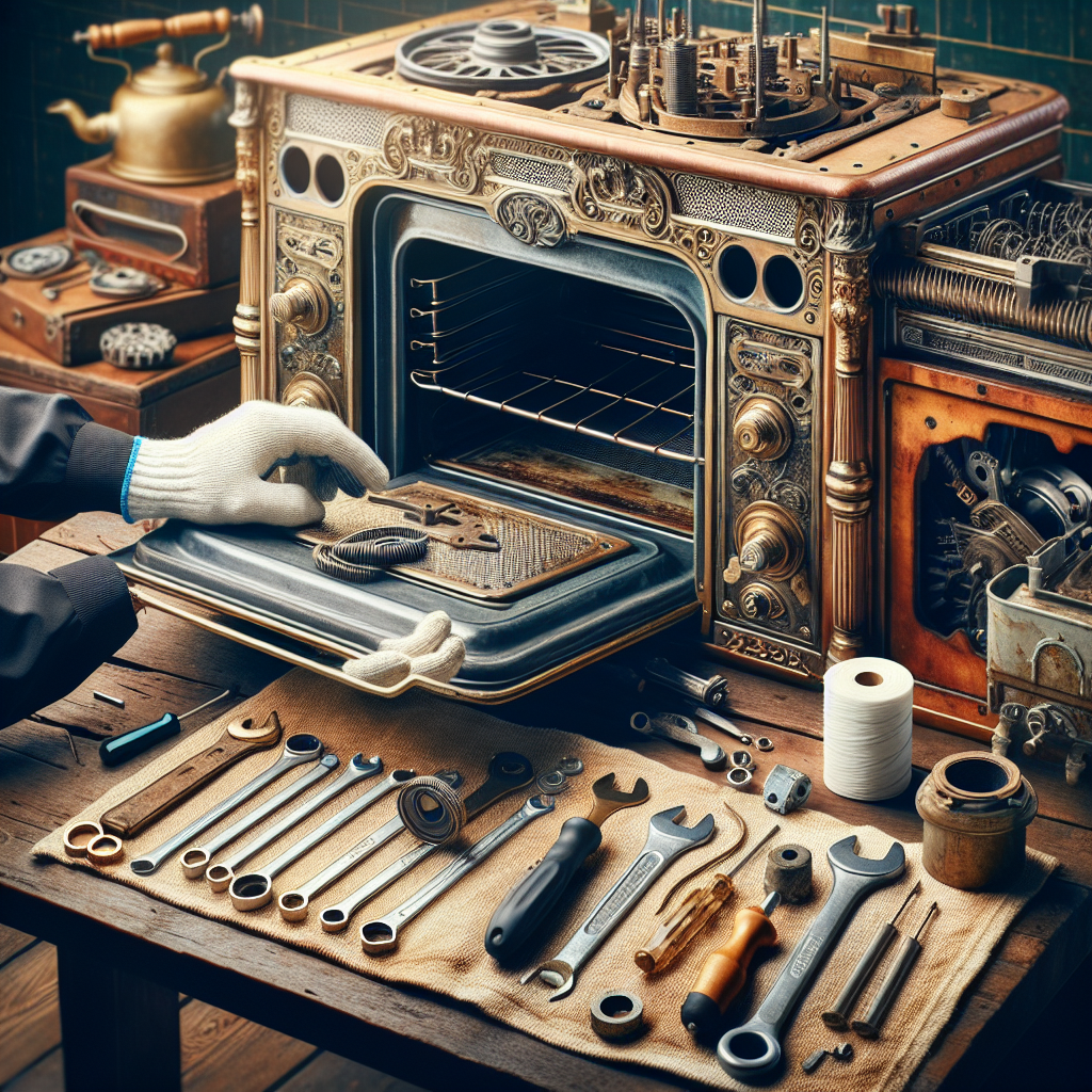 Professional hands repairing antique oven with new parts, tools nearby