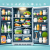 Neatly organized refrigerator with fresh groceries, clear glass shelves, and preventive cleaning icons.