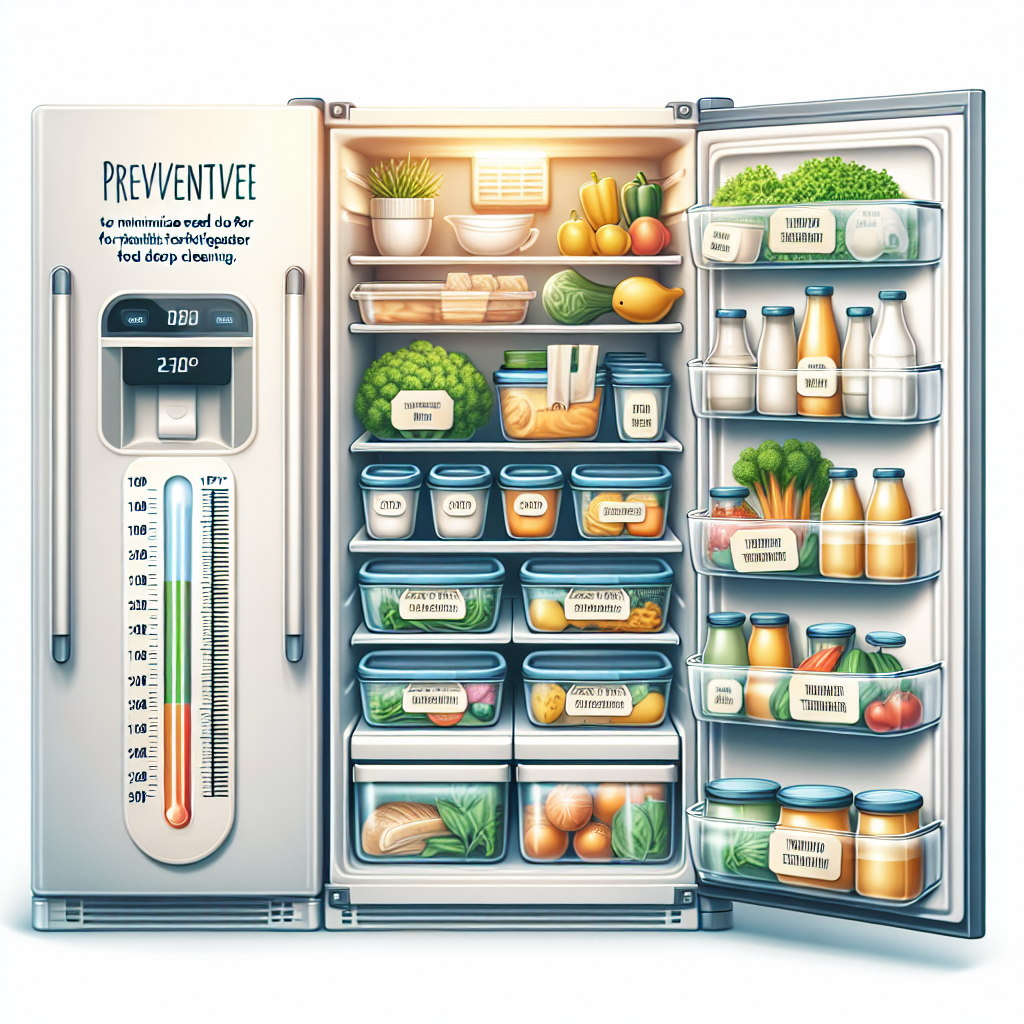 Neatly organized refrigerator with labeled food items, digital thermometer, and eco-friendly containers. Preventive tips for refrigerator cleaning.