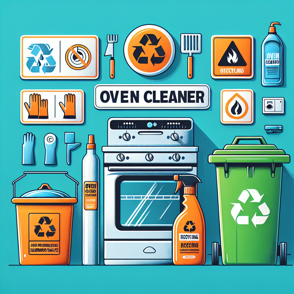 Proper disposal of oven cleaner with recycling symbol, hazardous waste bin, gloves, and mask for protection.